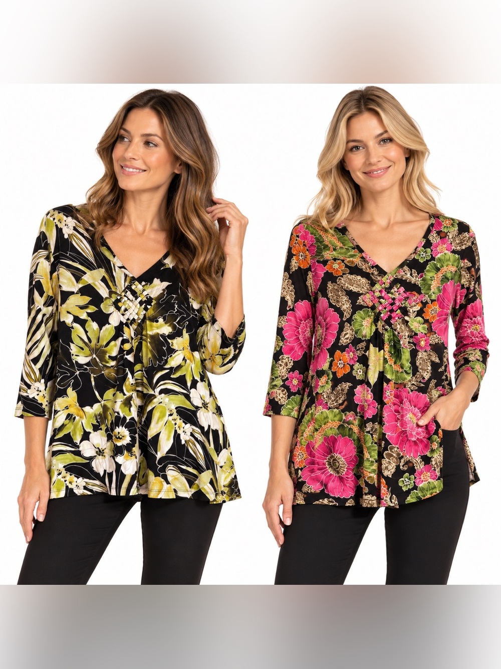 TWO! Caribbean Joe 2X Tropical Floral Tops V-Neck Lattice Detail